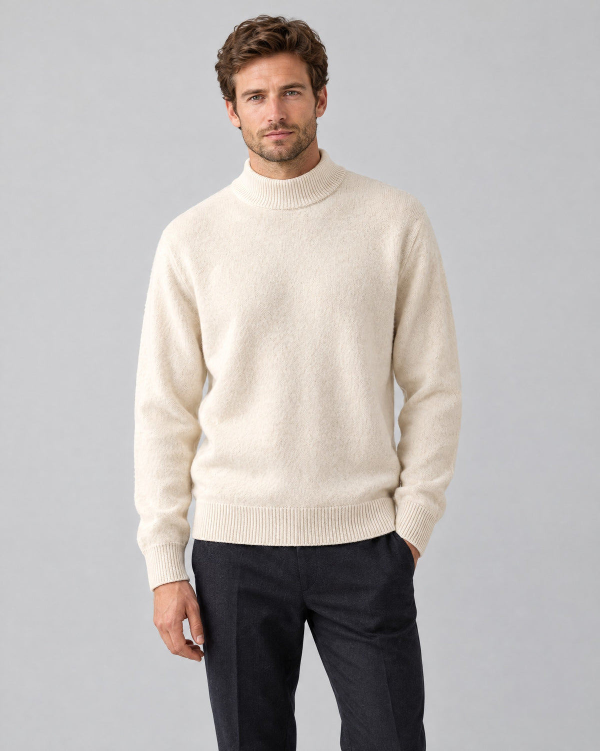 Alfie | Mock Neck Jumper with Ribbed Trims – Cream