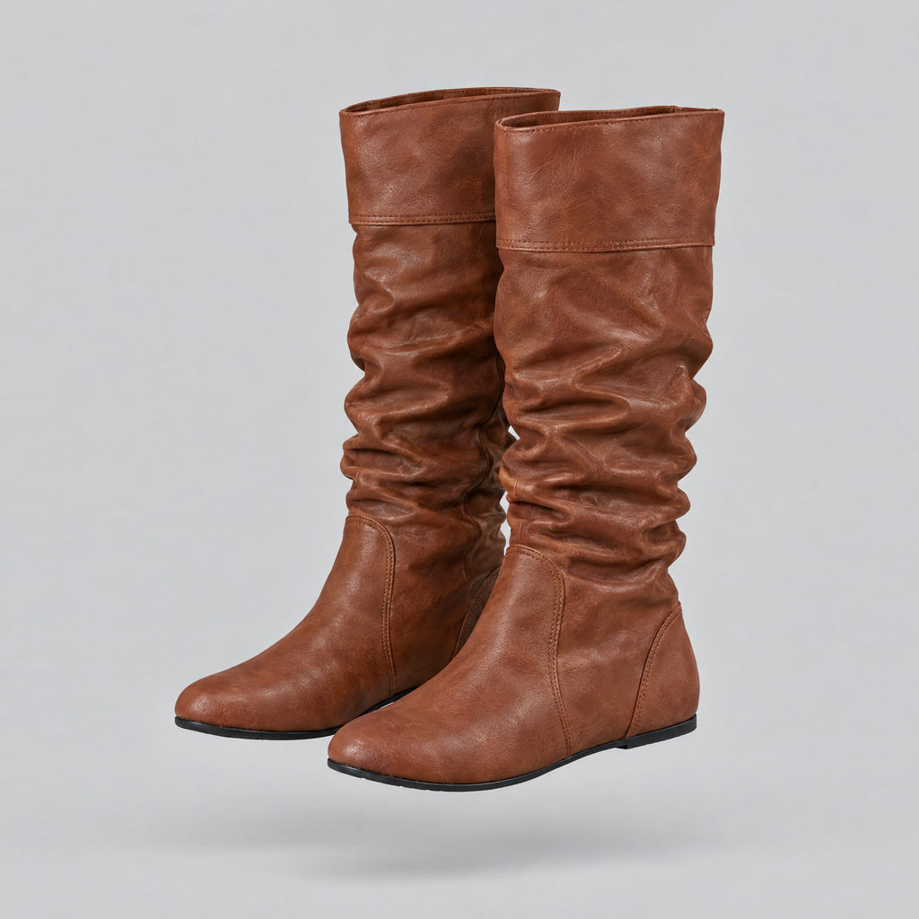 Imelda | Pull-On Mid-Calf Flat Boots – Brown