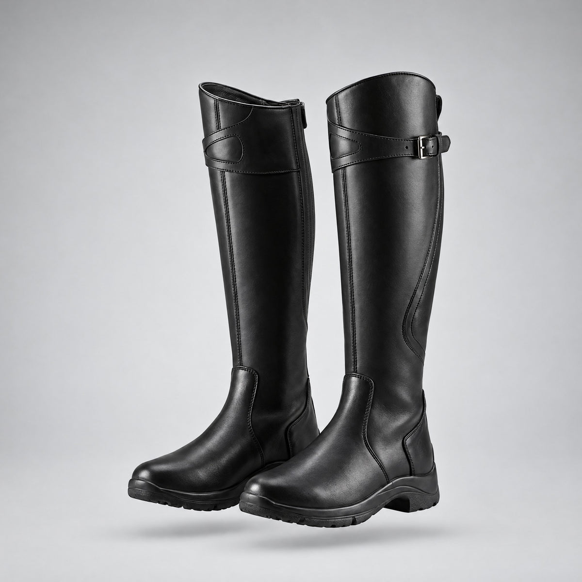 Agnes | Tall Buckle Low-Heel Riding Boots – Black