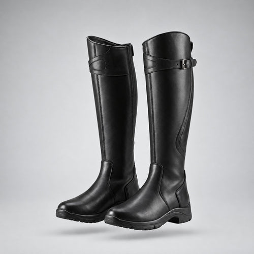 Agnes | Tall Buckle Low-Heel Riding Boots – Black