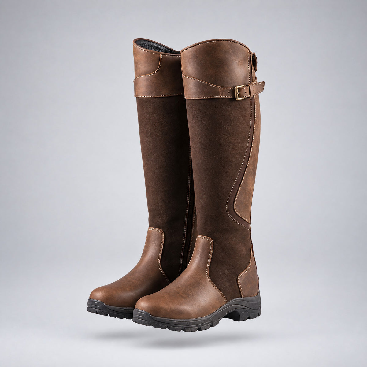 Agnes | Tall Buckle Low-Heel Riding Boots – Brown