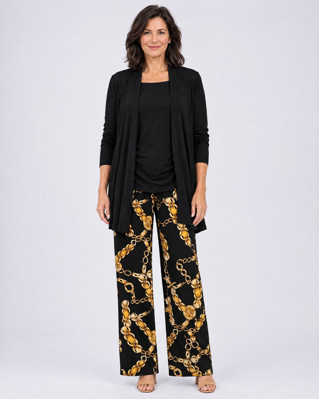 Rosalind | Three-Piece Cardigan, Top and Wide-Leg Trouser Set – Black