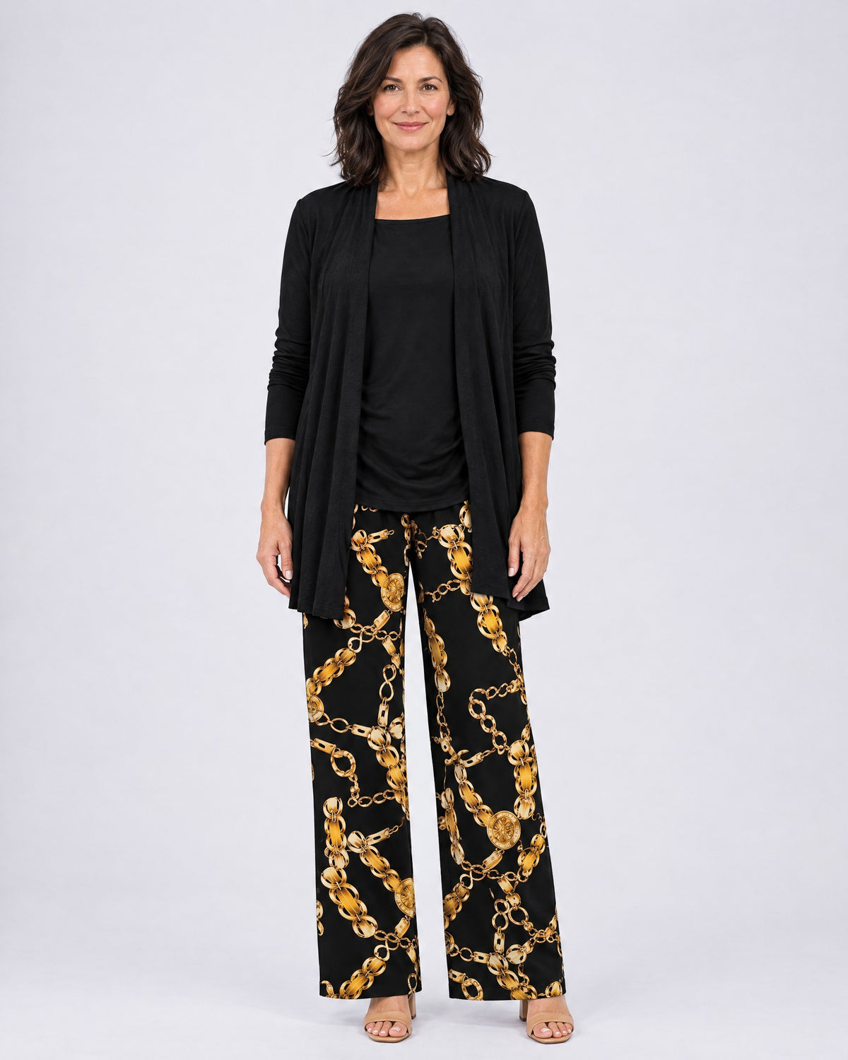Rosalind | Three-Piece Cardigan, Top and Wide-Leg Trouser Set – Black