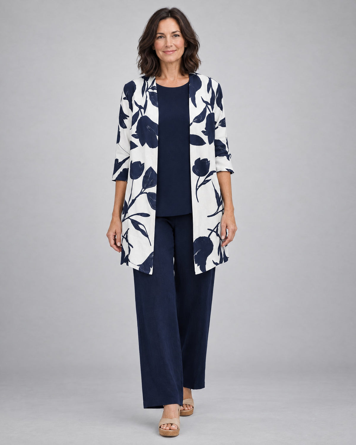 Rosalind | Three-Piece Cardigan, Top and Wide-Leg Trouser Set – Blue & White