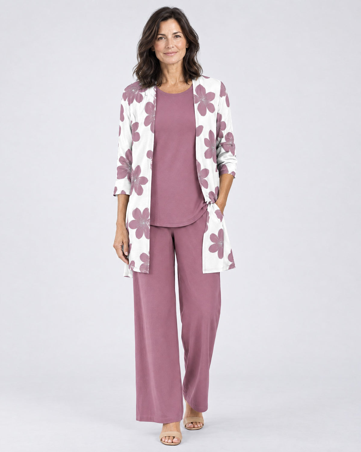 Rosalind | Three-Piece Cardigan, Top and Wide-Leg Trouser Set – Dawn Pink