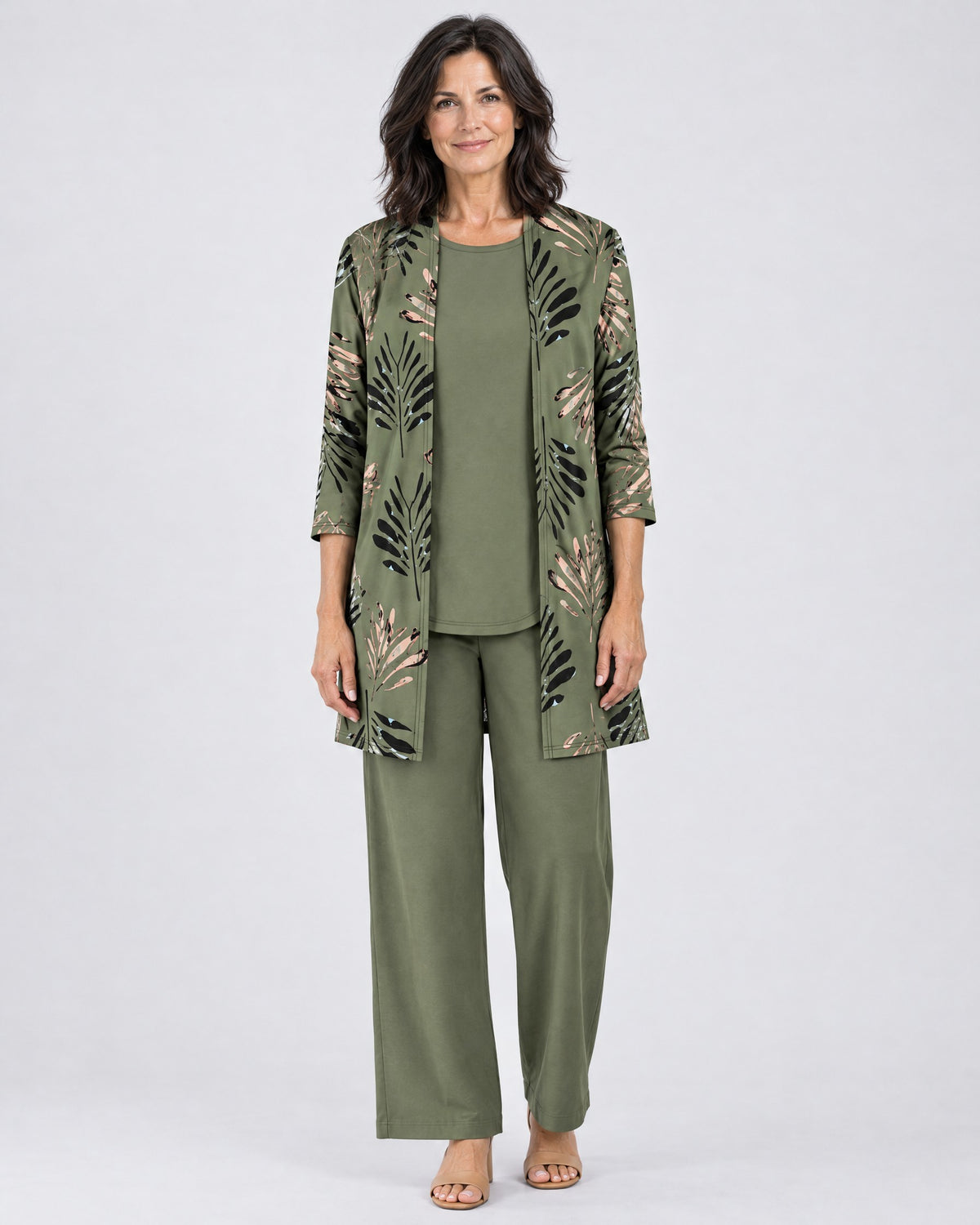 Rosalind | Three-Piece Cardigan, Top and Wide-Leg Trouser Set – Green