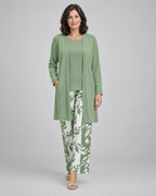 Rosalind | Three-Piece Cardigan, Top and Wide-Leg Trouser Set – Green & White