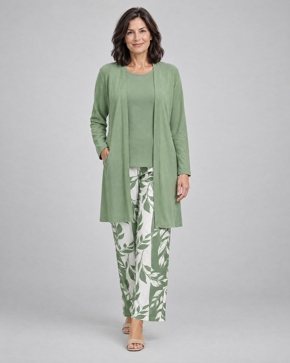 Rosalind | Three-Piece Cardigan, Top and Wide-Leg Trouser Set – Green & White