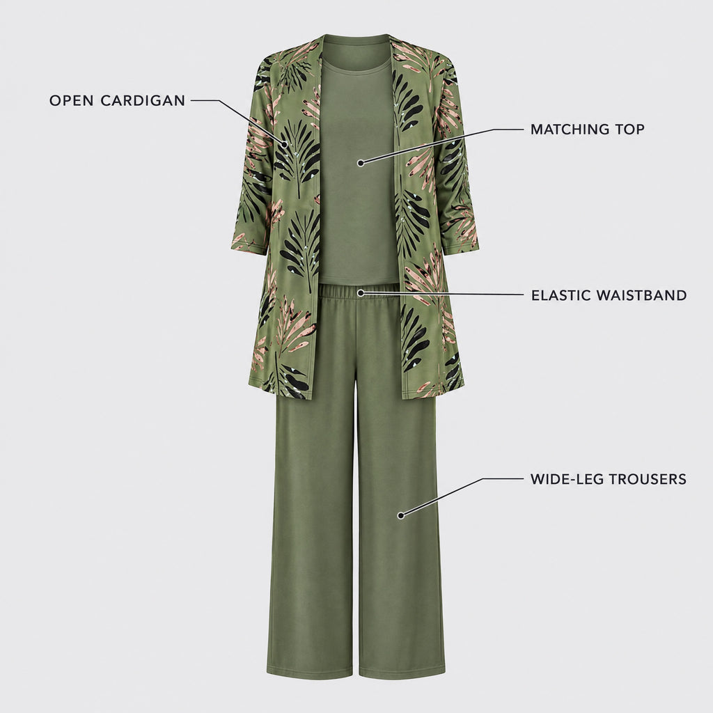 Rosalind | Three-Piece Cardigan, Top and Wide-Leg Trouser Set – KEY