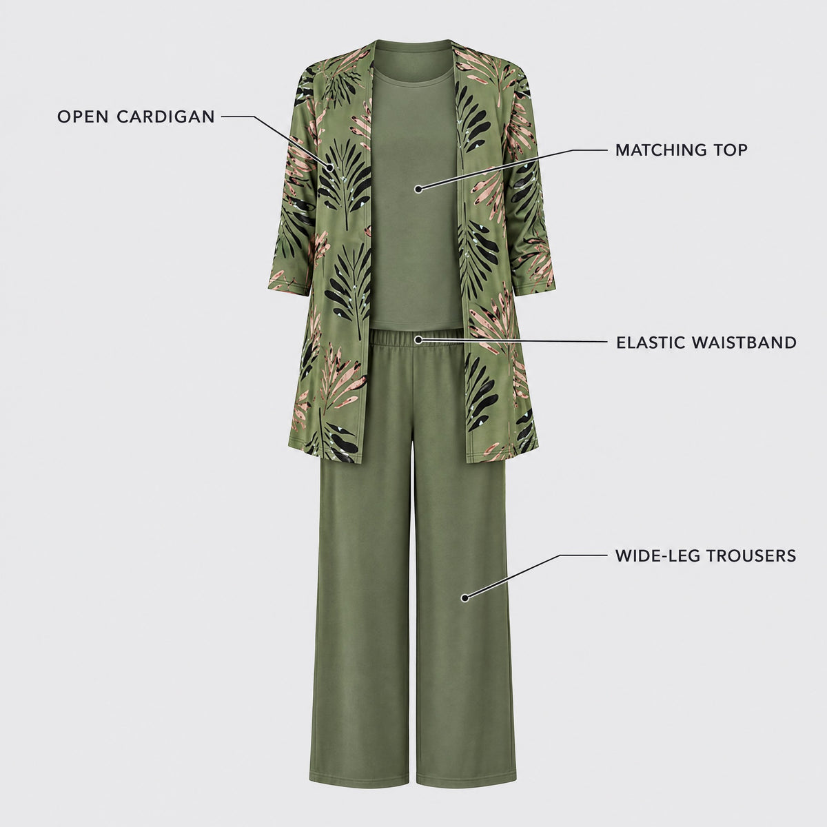 Rosalind | Three-Piece Cardigan, Top and Wide-Leg Trouser Set – KEY