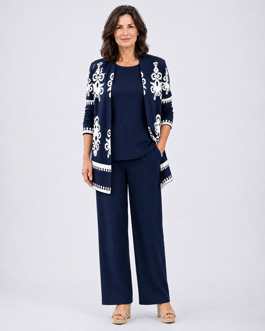 Rosalind | Three-Piece Cardigan, Top and Wide-Leg Trouser Set – Navy Blue