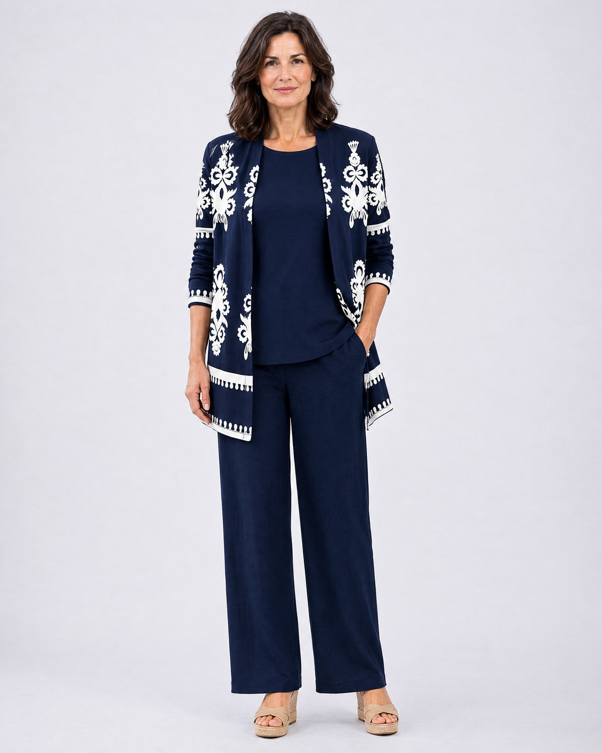 Rosalind | Three-Piece Cardigan, Top and Wide-Leg Trouser Set – Navy Blue