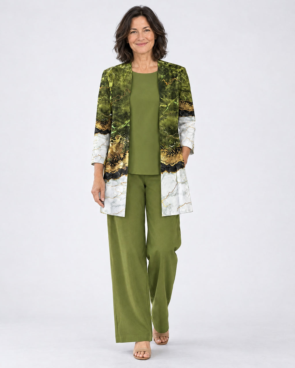 Rosalind | Three-Piece Cardigan, Top and Wide-Leg Trouser Set – Olive Green