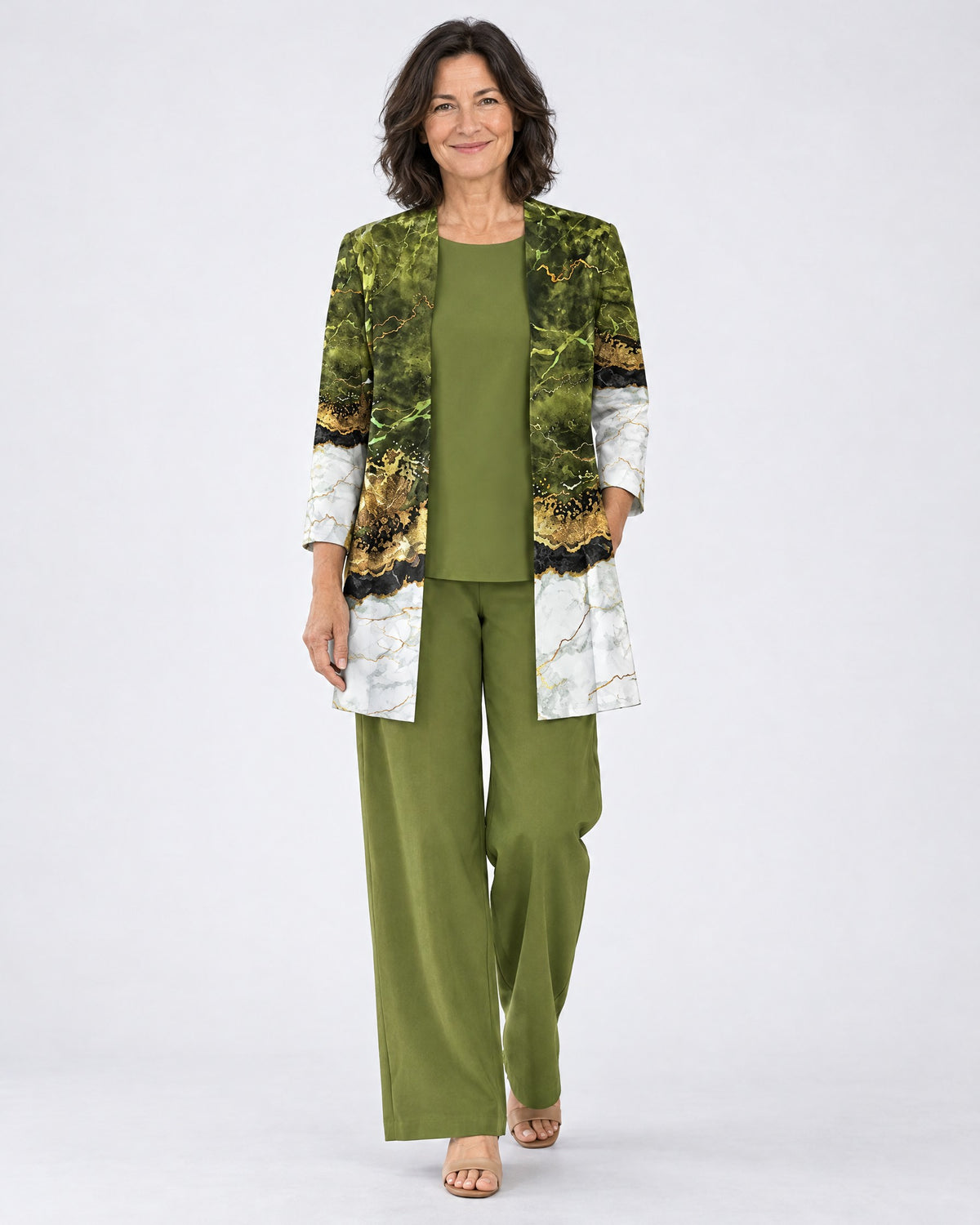 Rosalind | Three-Piece Cardigan, Top and Wide-Leg Trouser Set – Olive Green