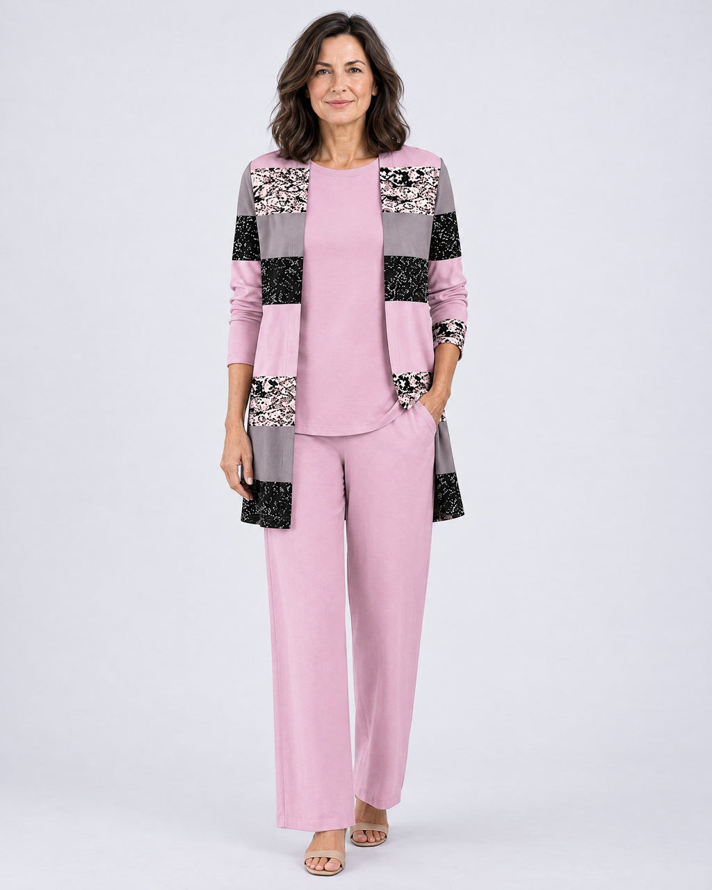 Rosalind | Three-Piece Cardigan, Top and Wide-Leg Trouser Set – Pink