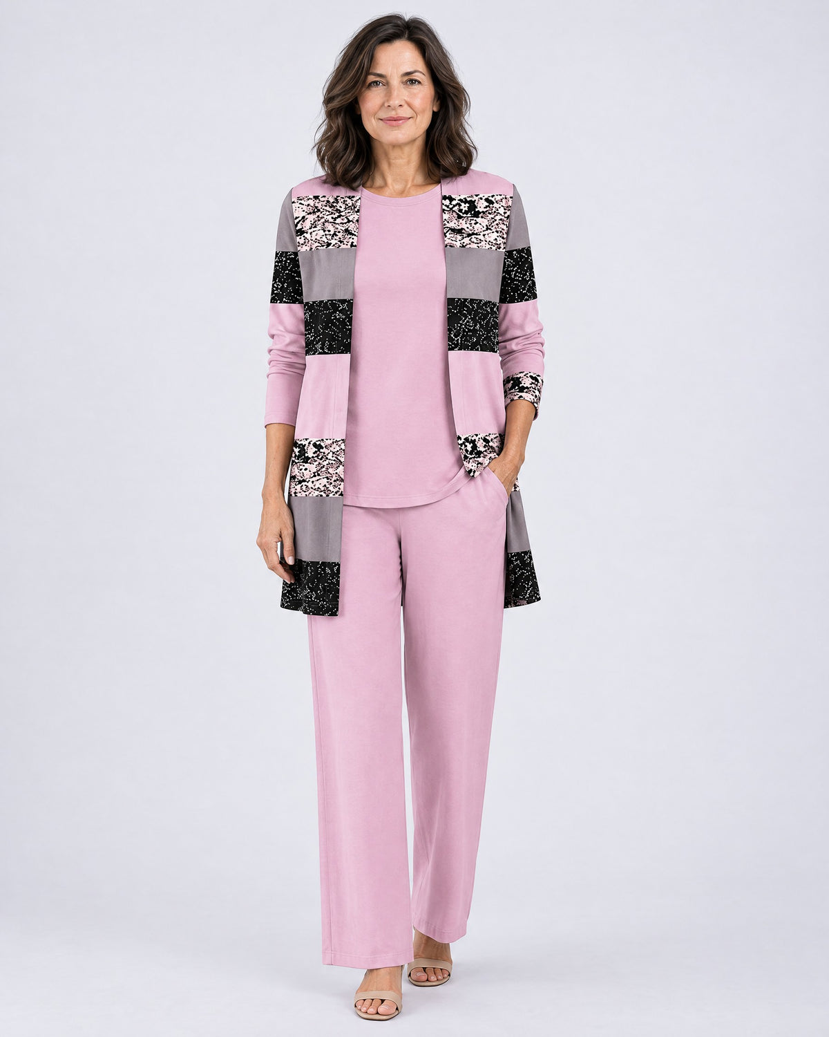 Rosalind | Three-Piece Cardigan, Top and Wide-Leg Trouser Set – Pink