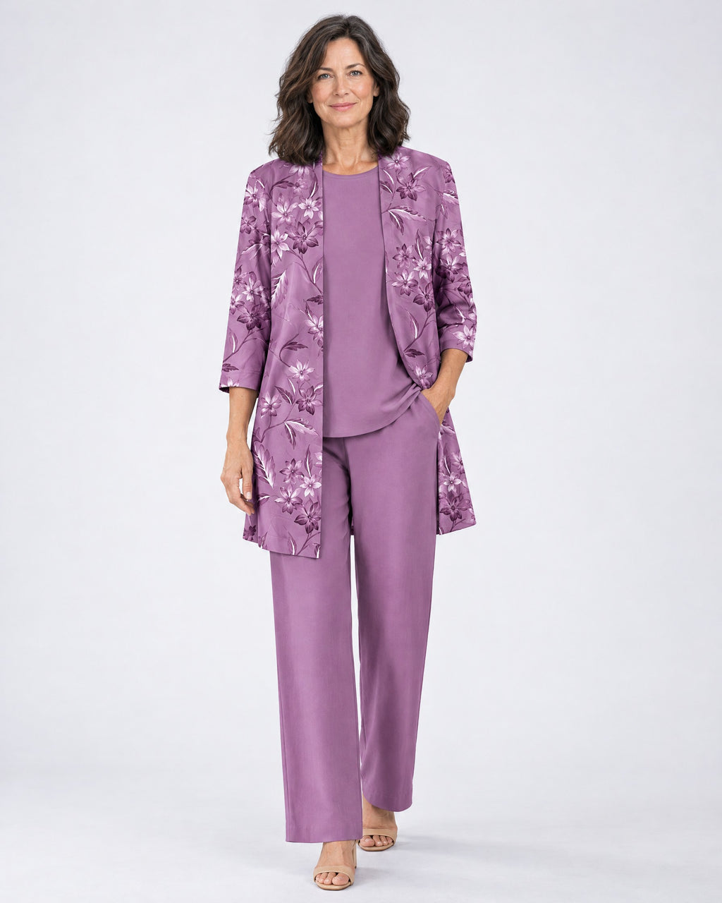 Rosalind | Three-Piece Cardigan, Top and Wide-Leg Trouser Set – Purple