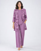 Rosalind | Three-Piece Cardigan, Top and Wide-Leg Trouser Set – Purple