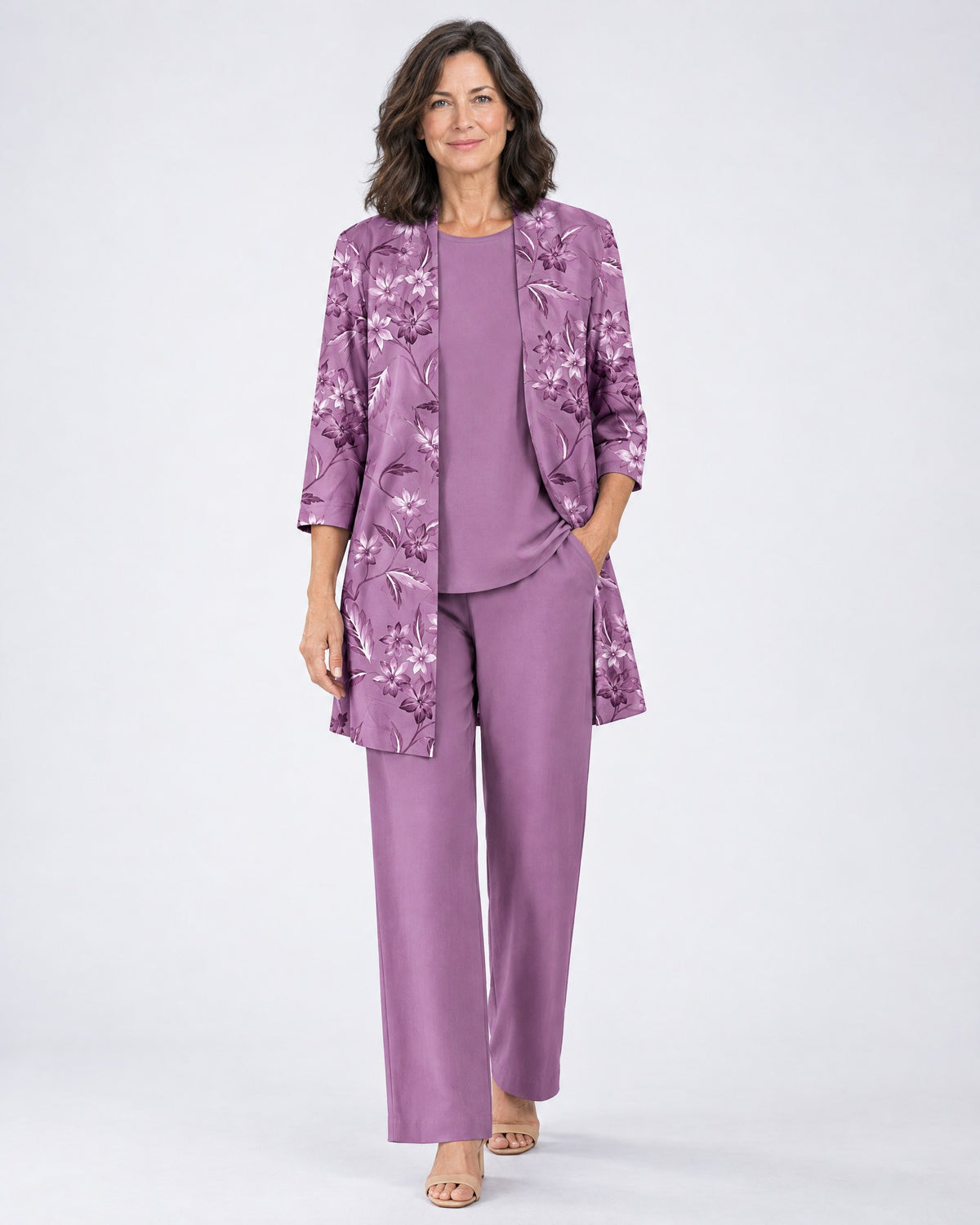 Rosalind | Three-Piece Cardigan, Top and Wide-Leg Trouser Set – Purple