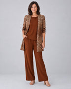 Rosalind | Three-Piece Cardigan, Top and Wide-Leg Trouser Set – Rust Brown