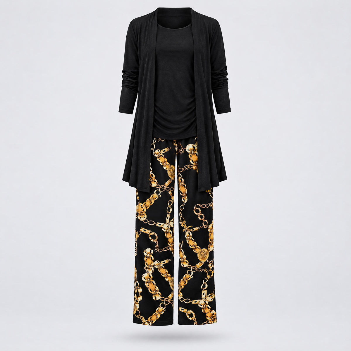 Rosalind | Three-Piece Cardigan, Top and Wide-Leg Trouser Set – Black