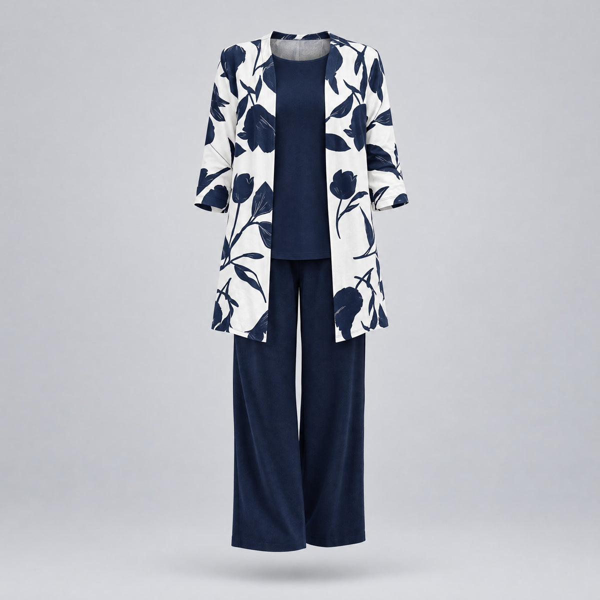 Rosalind | Three-Piece Cardigan, Top and Wide-Leg Trouser Set – Blue & White