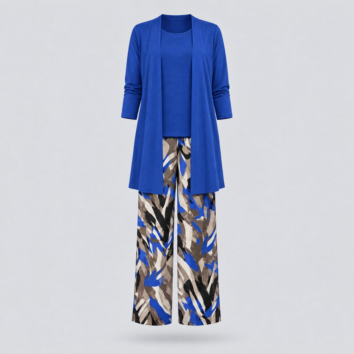 Rosalind | Three-Piece Cardigan, Top and Wide-Leg Trouser Set – Blue
