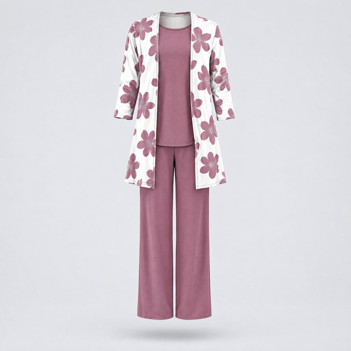 Rosalind | Three-Piece Cardigan, Top and Wide-Leg Trouser Set – Dawn Pink