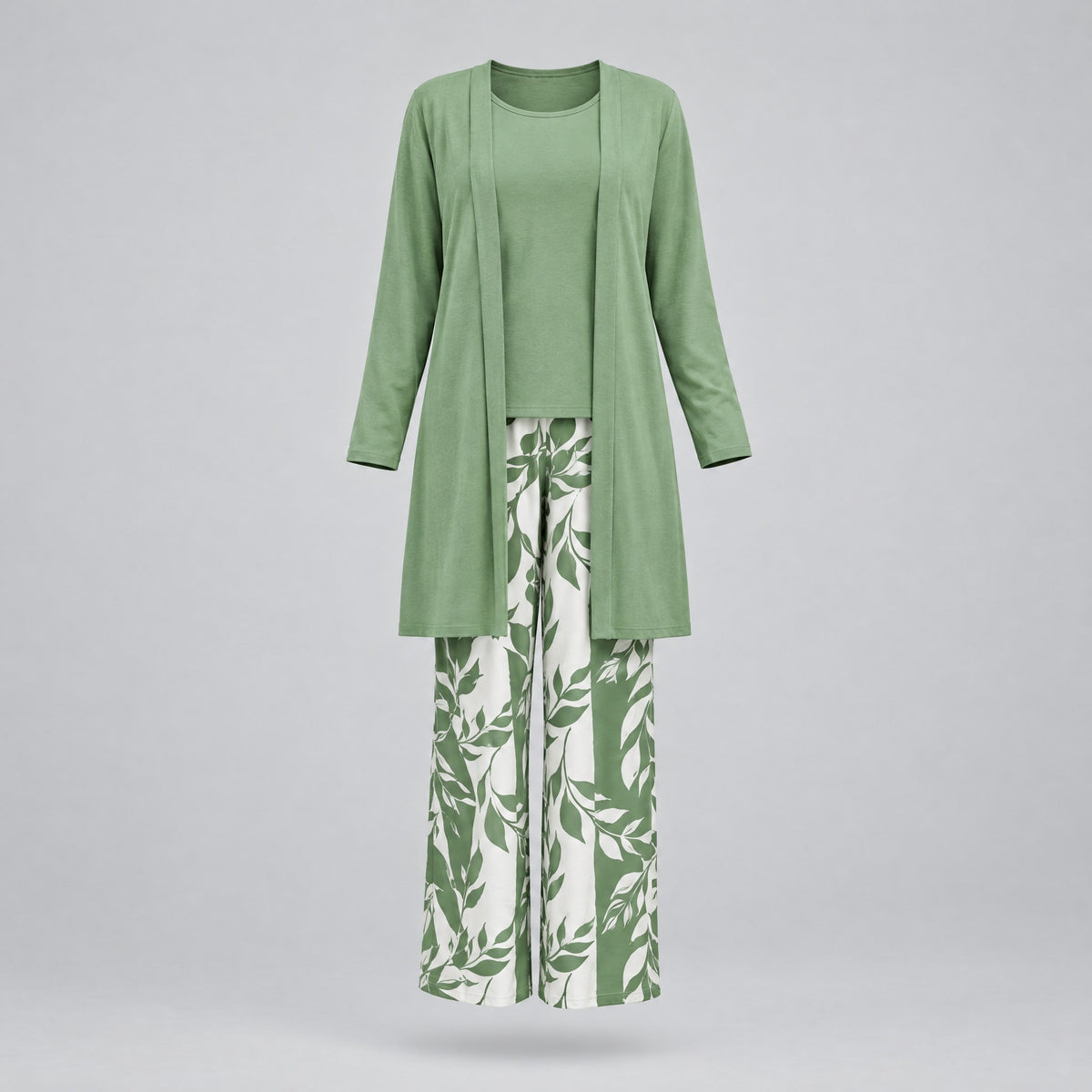 Rosalind | Three-Piece Cardigan, Top and Wide-Leg Trouser Set – Green & White