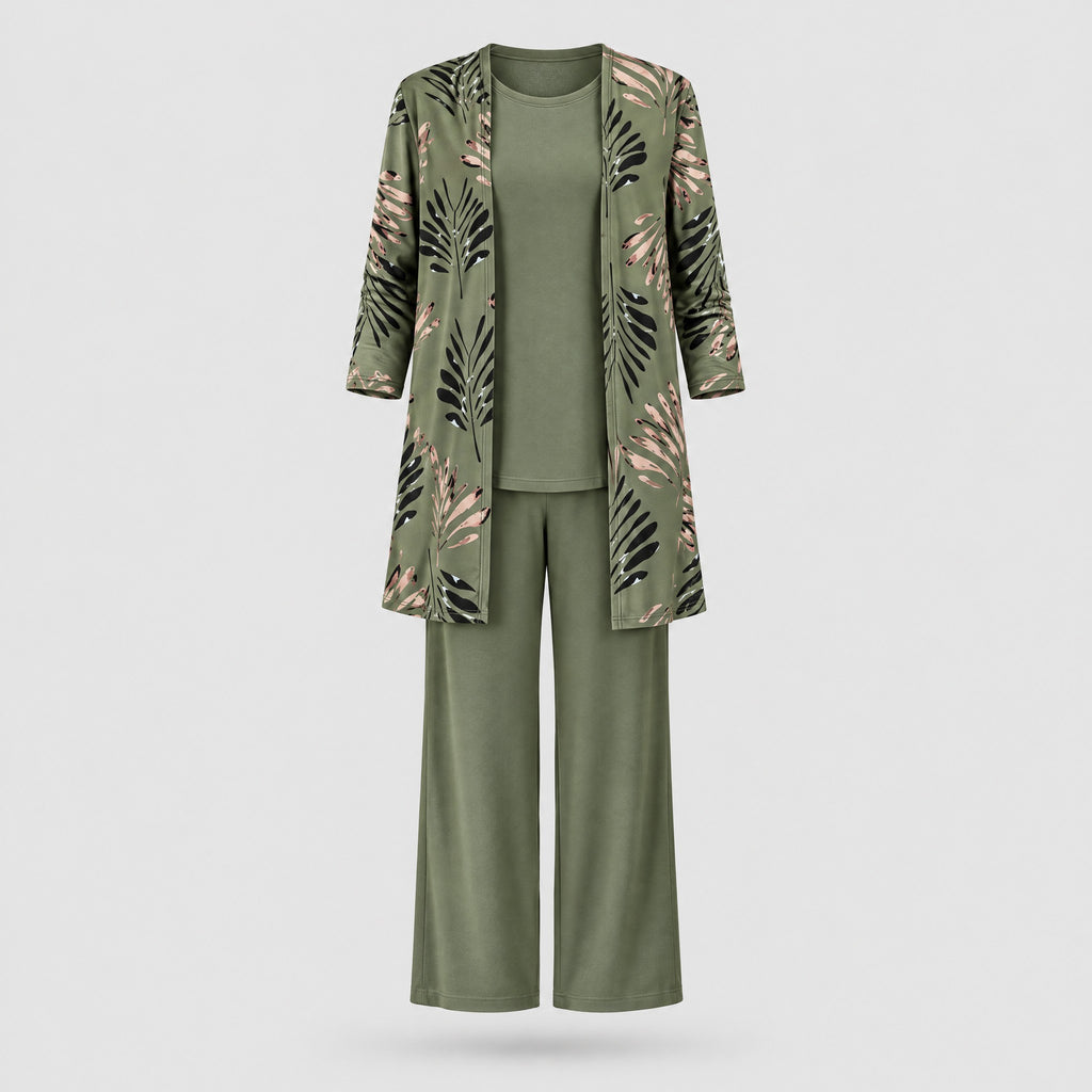 Rosalind | Three-Piece Cardigan, Top and Wide-Leg Trouser Set – Green