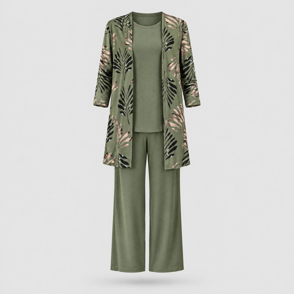Rosalind | Three-Piece Cardigan, Top and Wide-Leg Trouser Set – Green