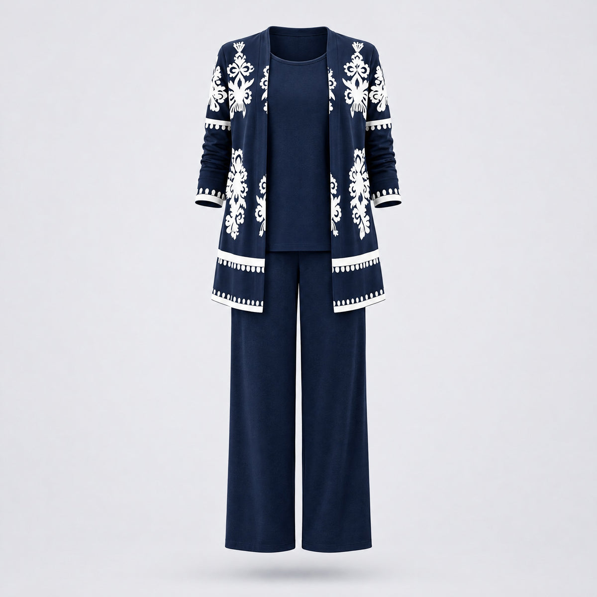 Rosalind | Three-Piece Cardigan, Top and Wide-Leg Trouser Set – Navy Blue