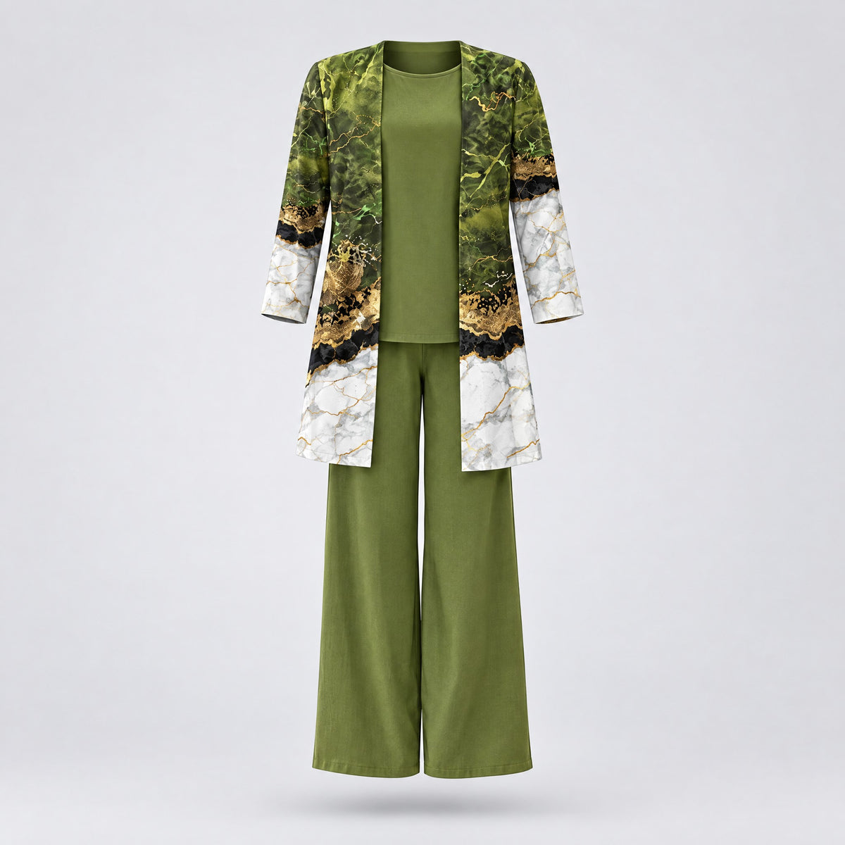 Rosalind | Three-Piece Cardigan, Top and Wide-Leg Trouser Set – Olive Green