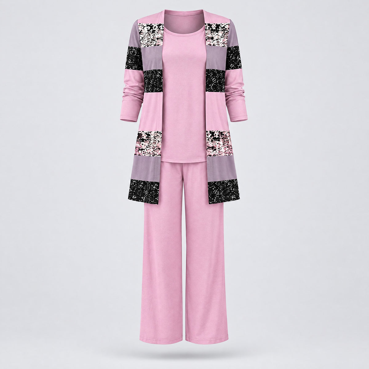 Rosalind | Three-Piece Cardigan, Top and Wide-Leg Trouser Set – Pink