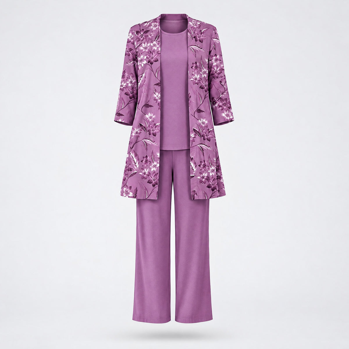 Rosalind | Three-Piece Cardigan, Top and Wide-Leg Trouser Set – Purple
