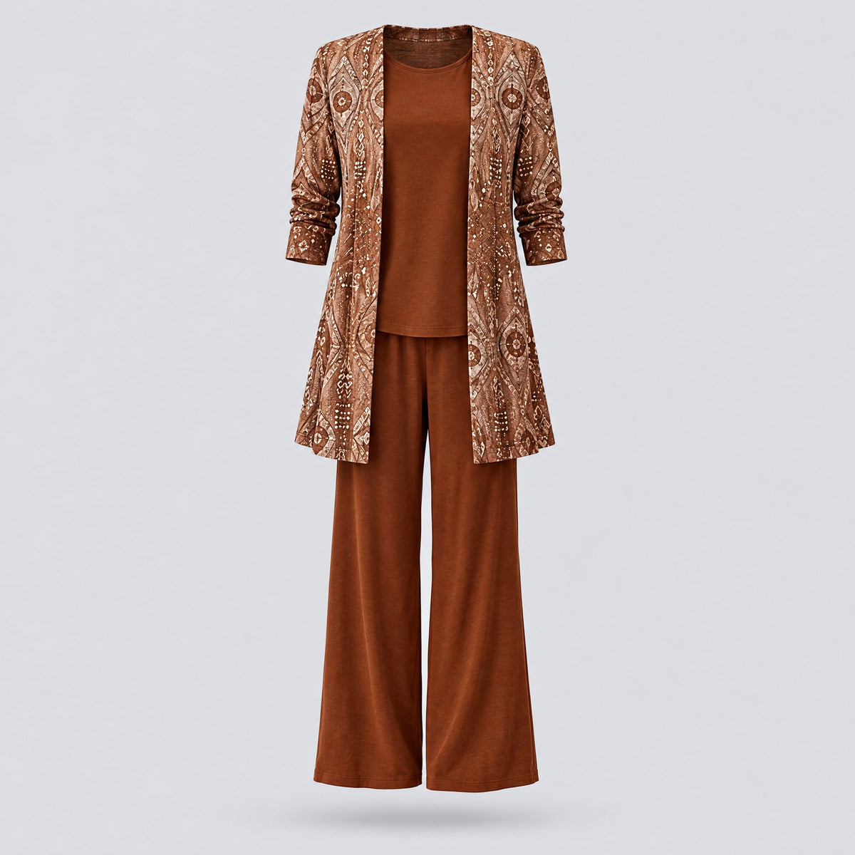 Rosalind | Three-Piece Cardigan, Top and Wide-Leg Trouser Set – Rust Brown