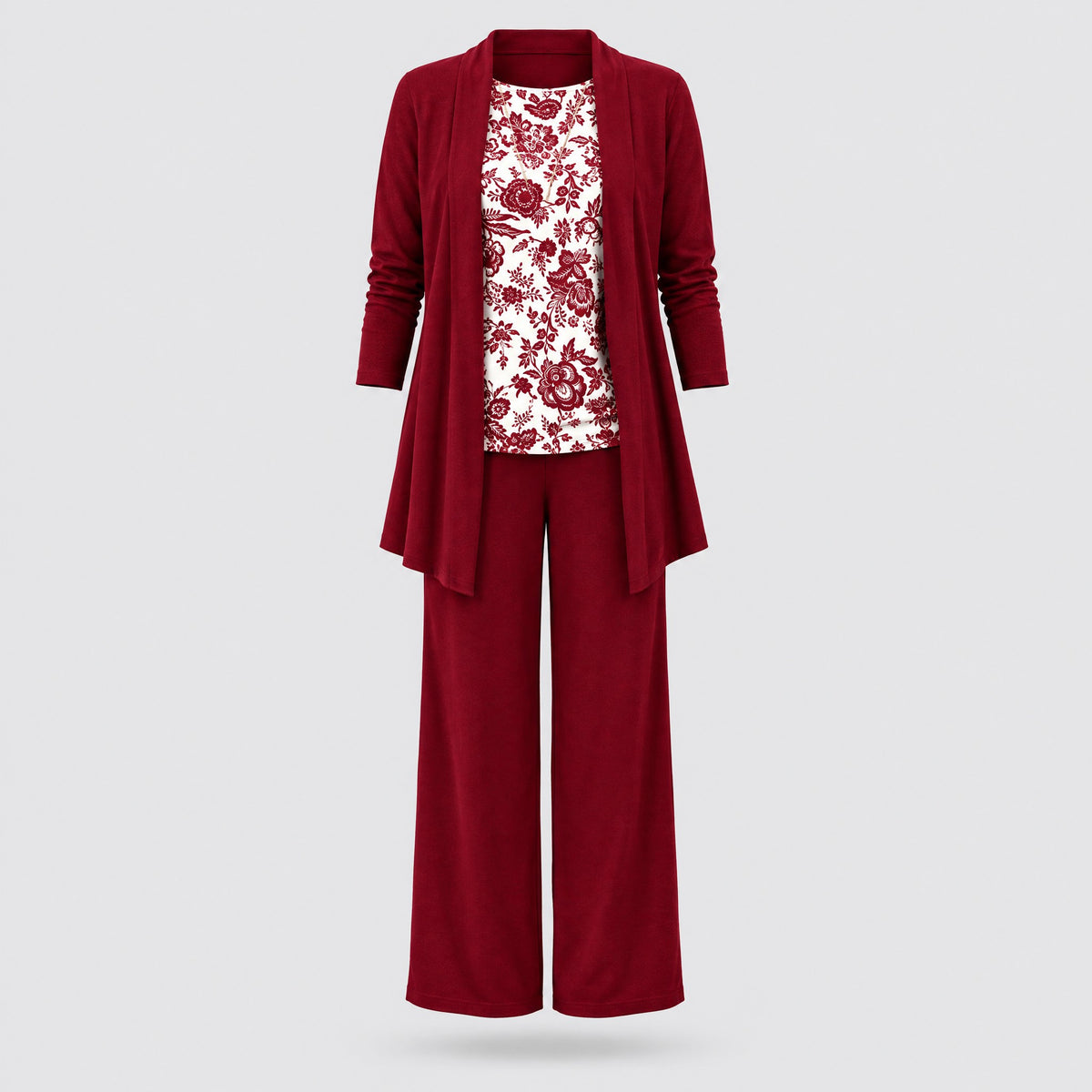 Rosalind | Three-Piece Cardigan, Top and Wide-Leg Trouser Set – White & Red