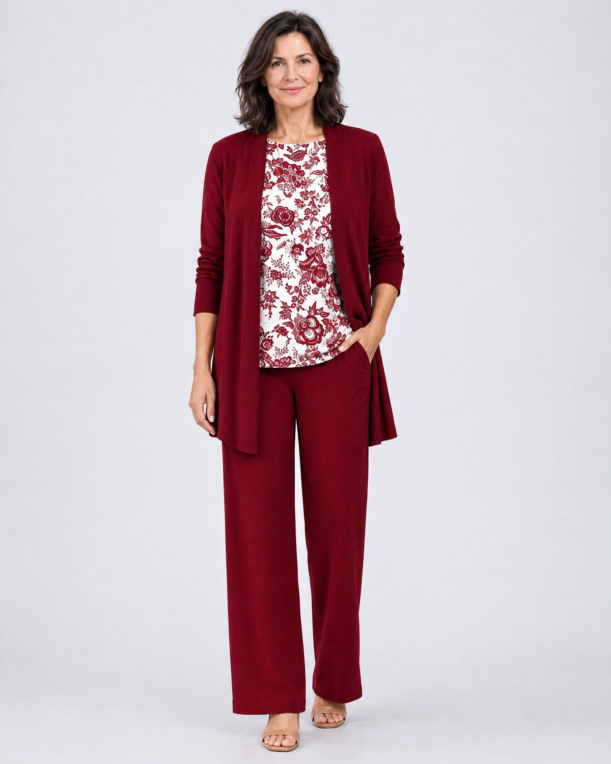 Rosalind | Three-Piece Cardigan, Top and Wide-Leg Trouser Set – White & Red